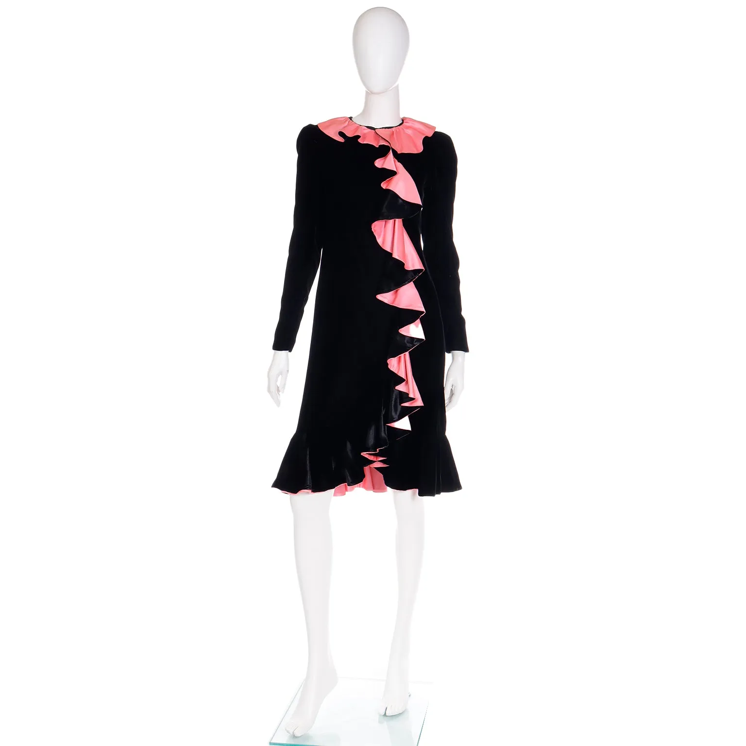 1980s Oscar de la Renta Vintage Black Velvet Dress w Pink Satin Ruffles