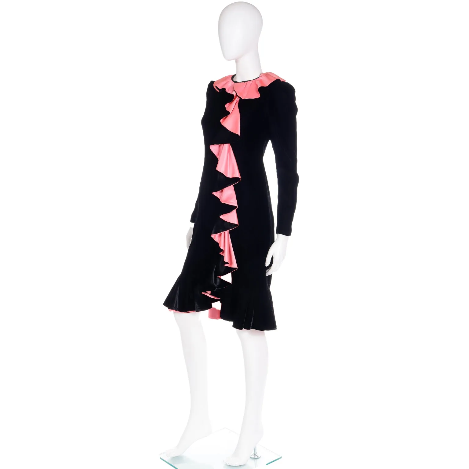 1980s Oscar de la Renta Vintage Black Velvet Dress w Pink Satin Ruffles