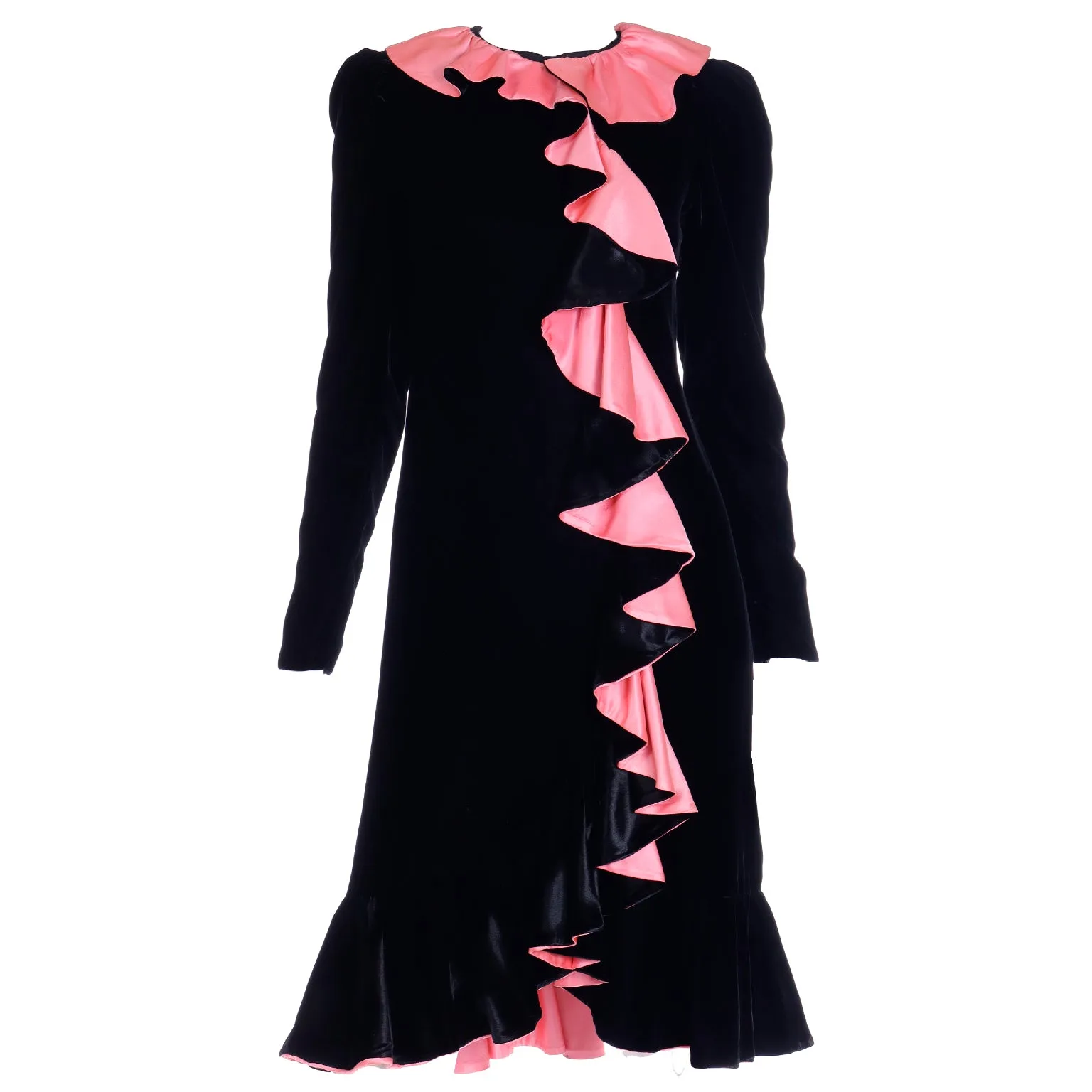 1980s Oscar de la Renta Vintage Black Velvet Dress w Pink Satin Ruffles