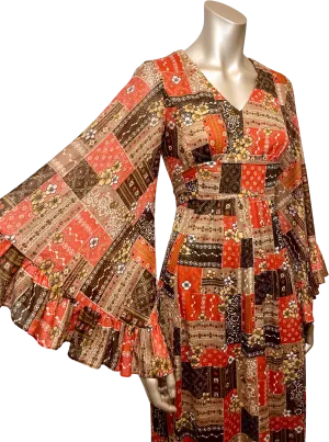 '70’s Bohemian Patchwork Dress with Bell Sleeves