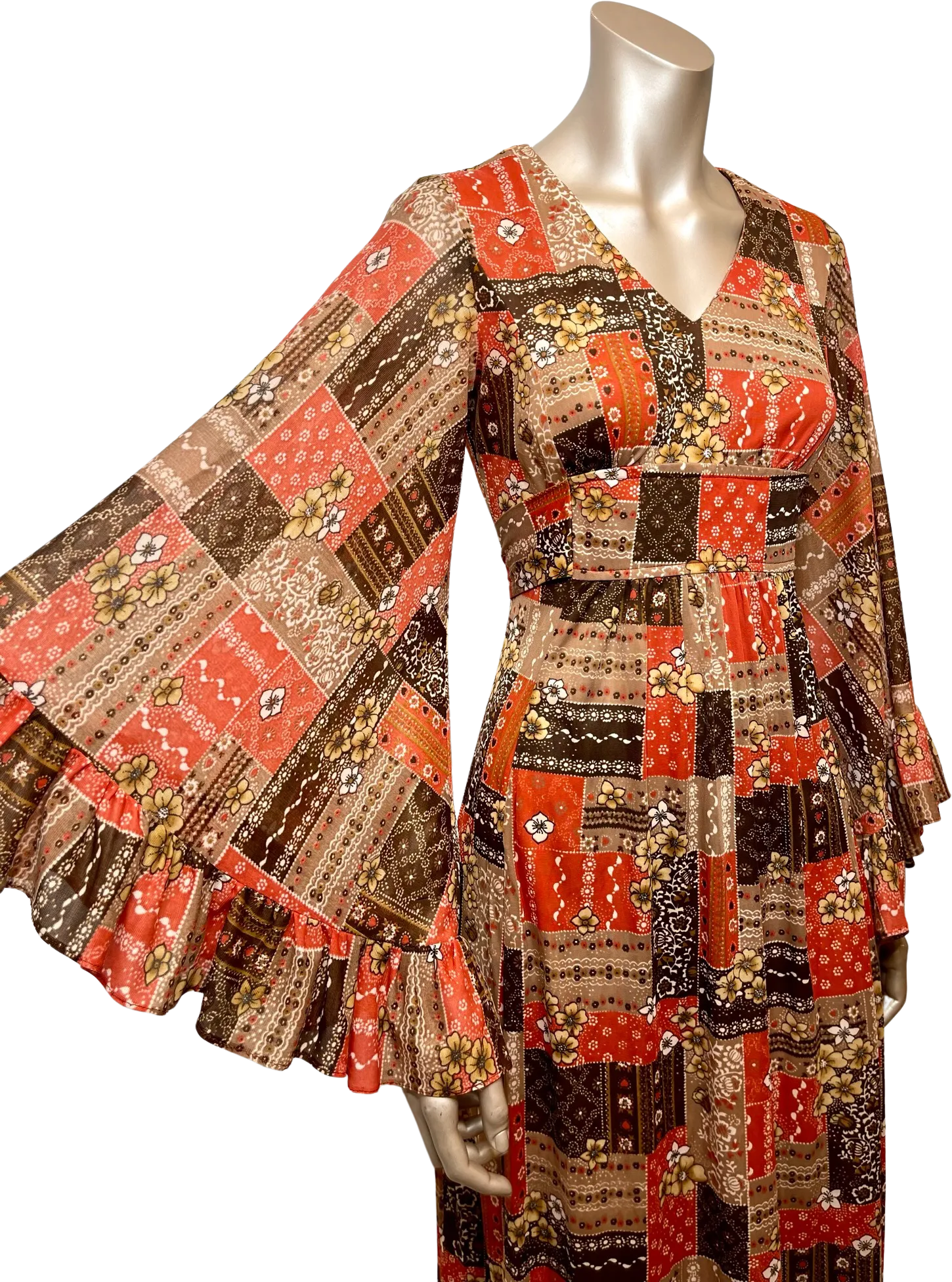 '70’s Bohemian Patchwork Dress with Bell Sleeves