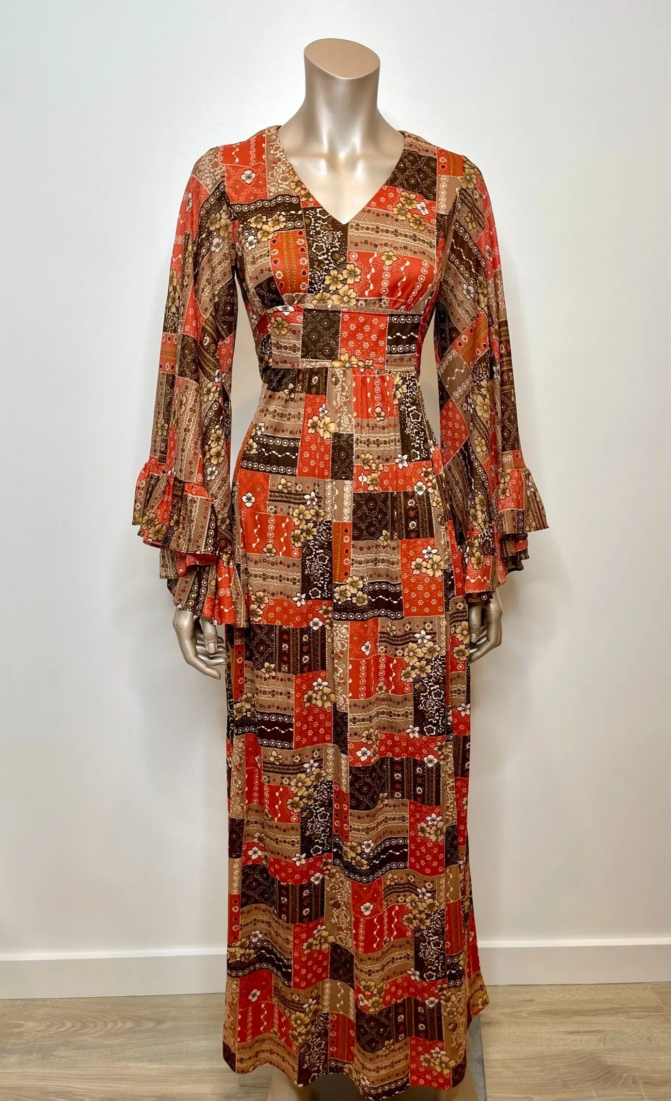 '70’s Bohemian Patchwork Dress with Bell Sleeves