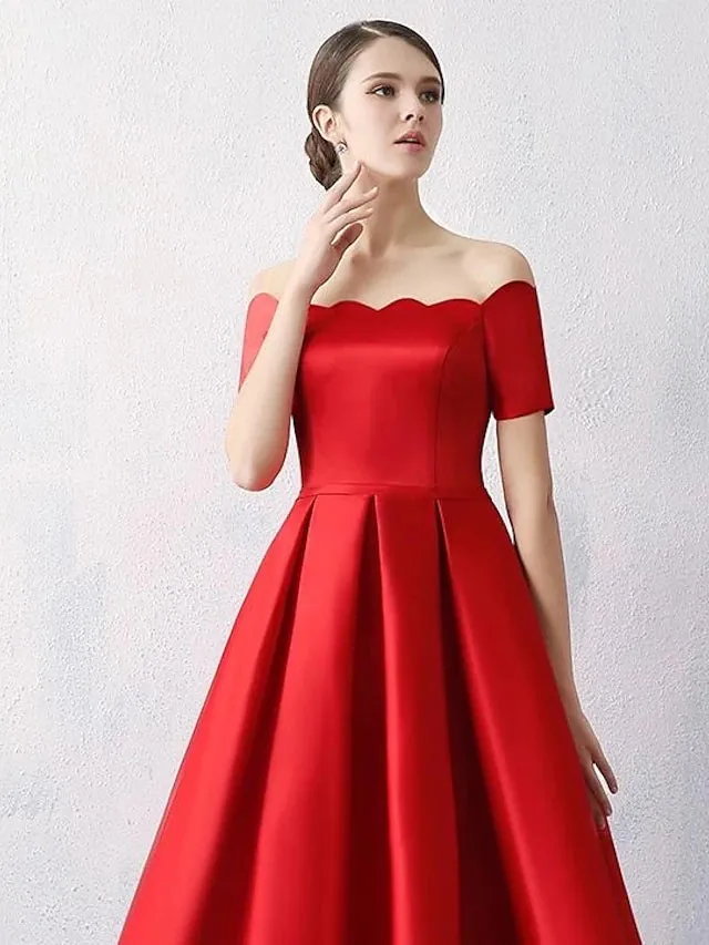 A-Line Cocktail Dresses Reformation Dress Engagement Knee Length Short Sleeve Off Shoulder Satin with Sleek