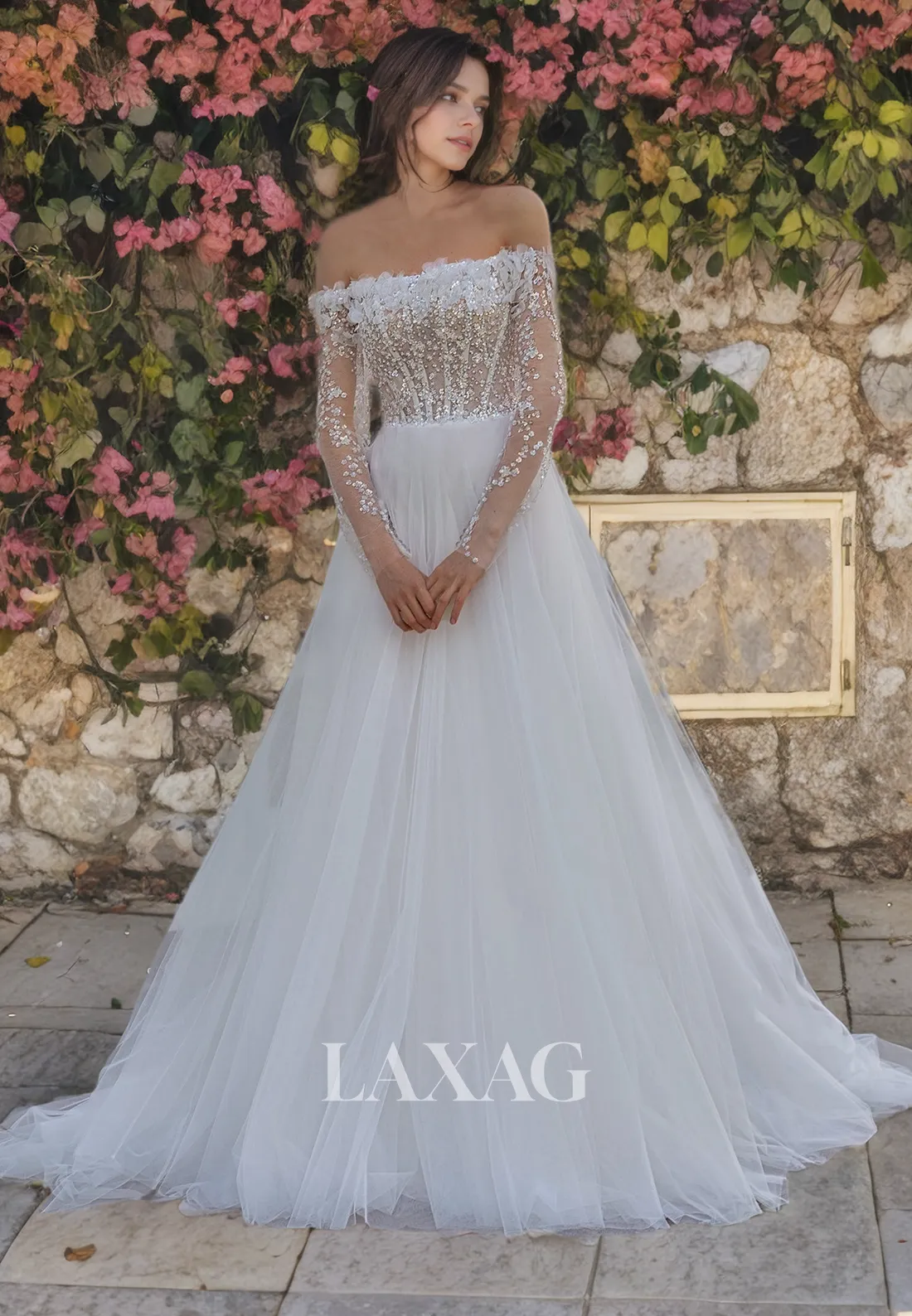 A-Line Off Shoulder Long Sleeves Beaded Appliques Tulle Wedding Dress with Train