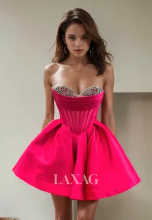 A-Line Strapless Beaded Pleated Sleek Satin Elegant Party Homecoming Dress