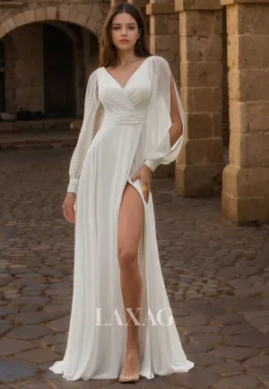 A-Line V-Neck Long Sleeves High Slit Elegant Wedding Dress with Train