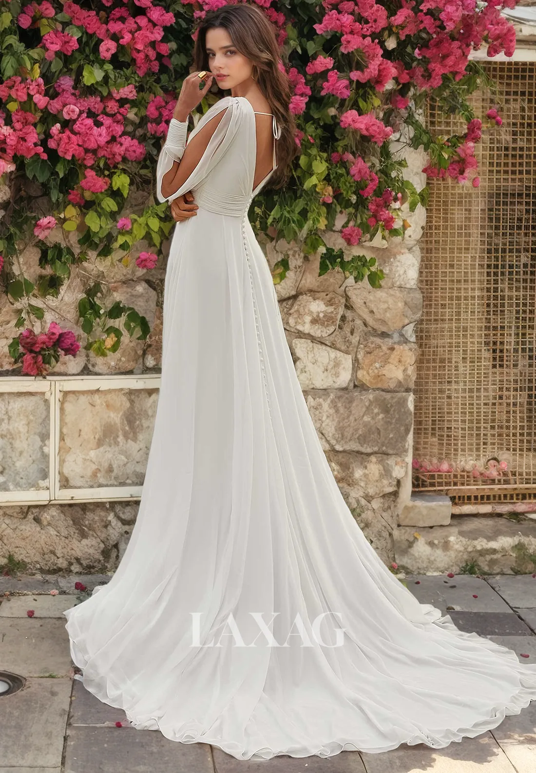 A-Line V-Neck Long Sleeves High Slit Elegant Wedding Dress with Train