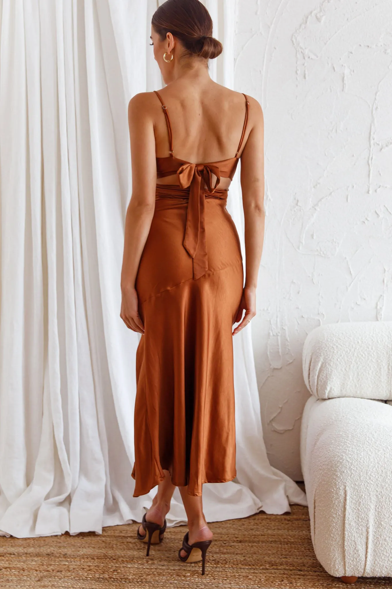 Abby Cami Strap Gathered Bust Front Split Midi Dress Chocolate