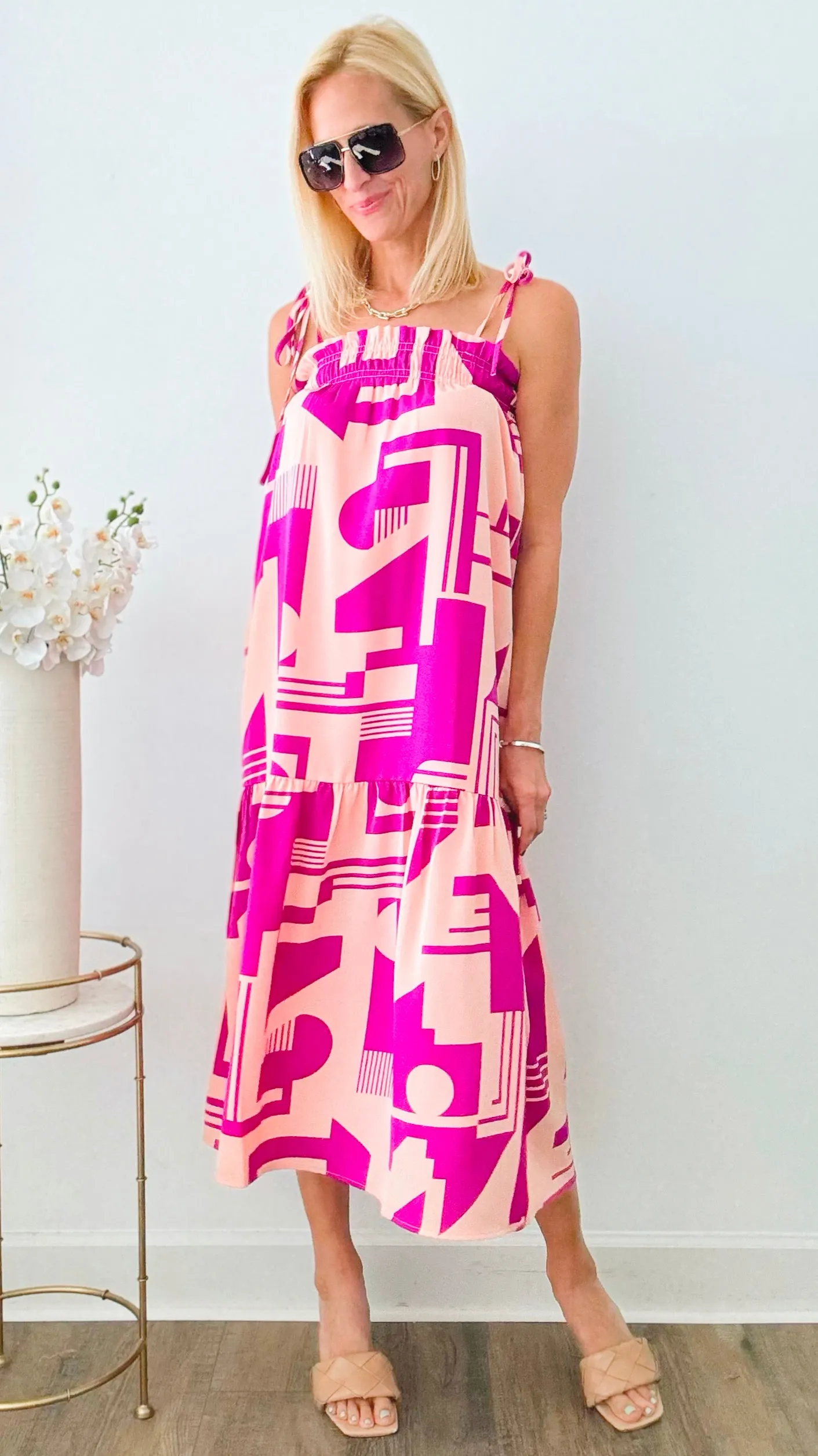 Abstract Pattern Tie Strap Midi Dress