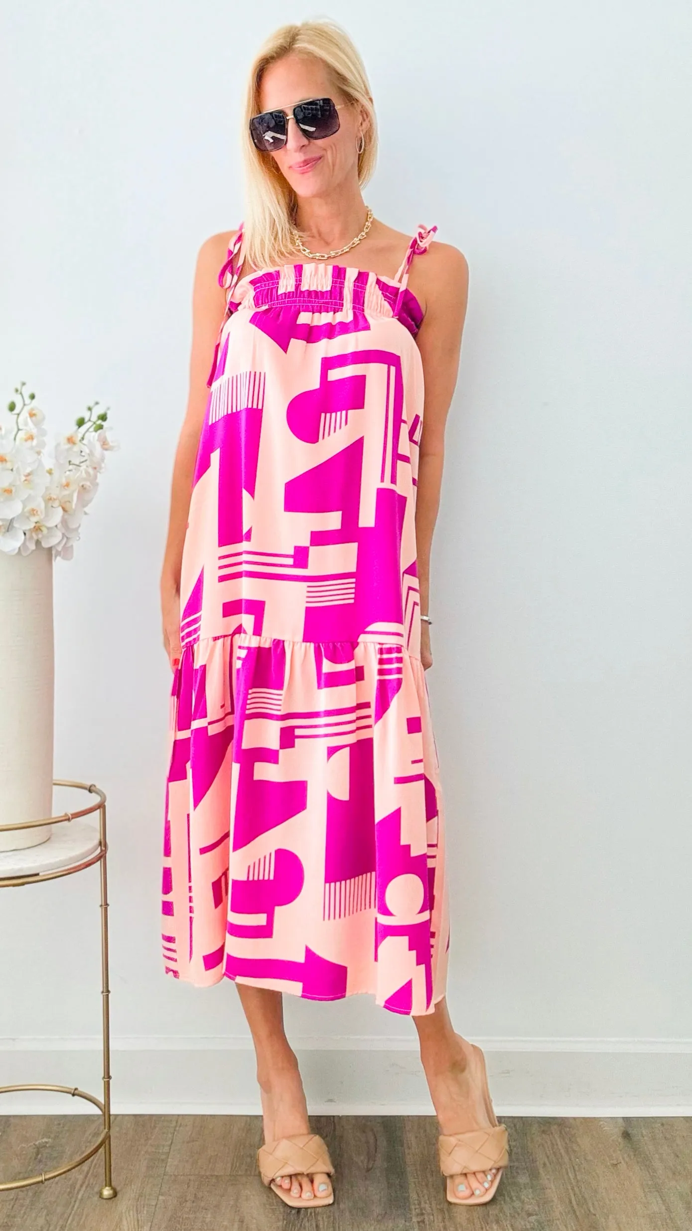 Abstract Pattern Tie Strap Midi Dress