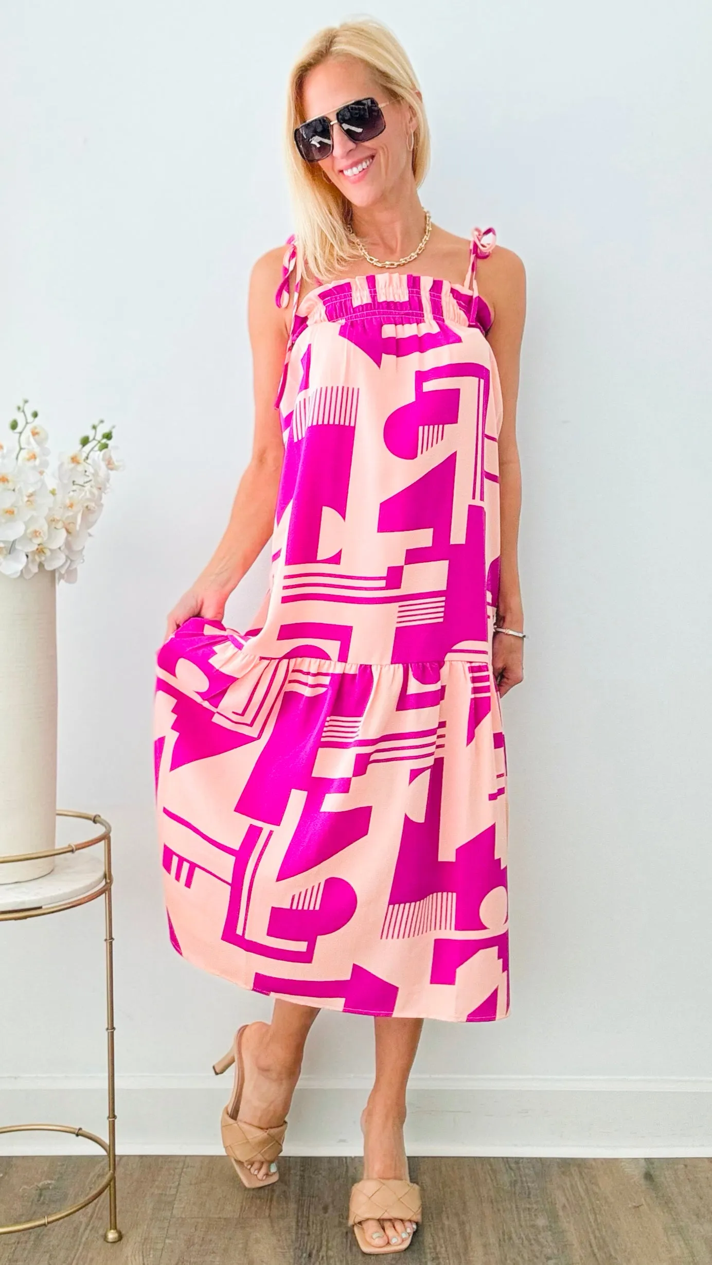 Abstract Pattern Tie Strap Midi Dress