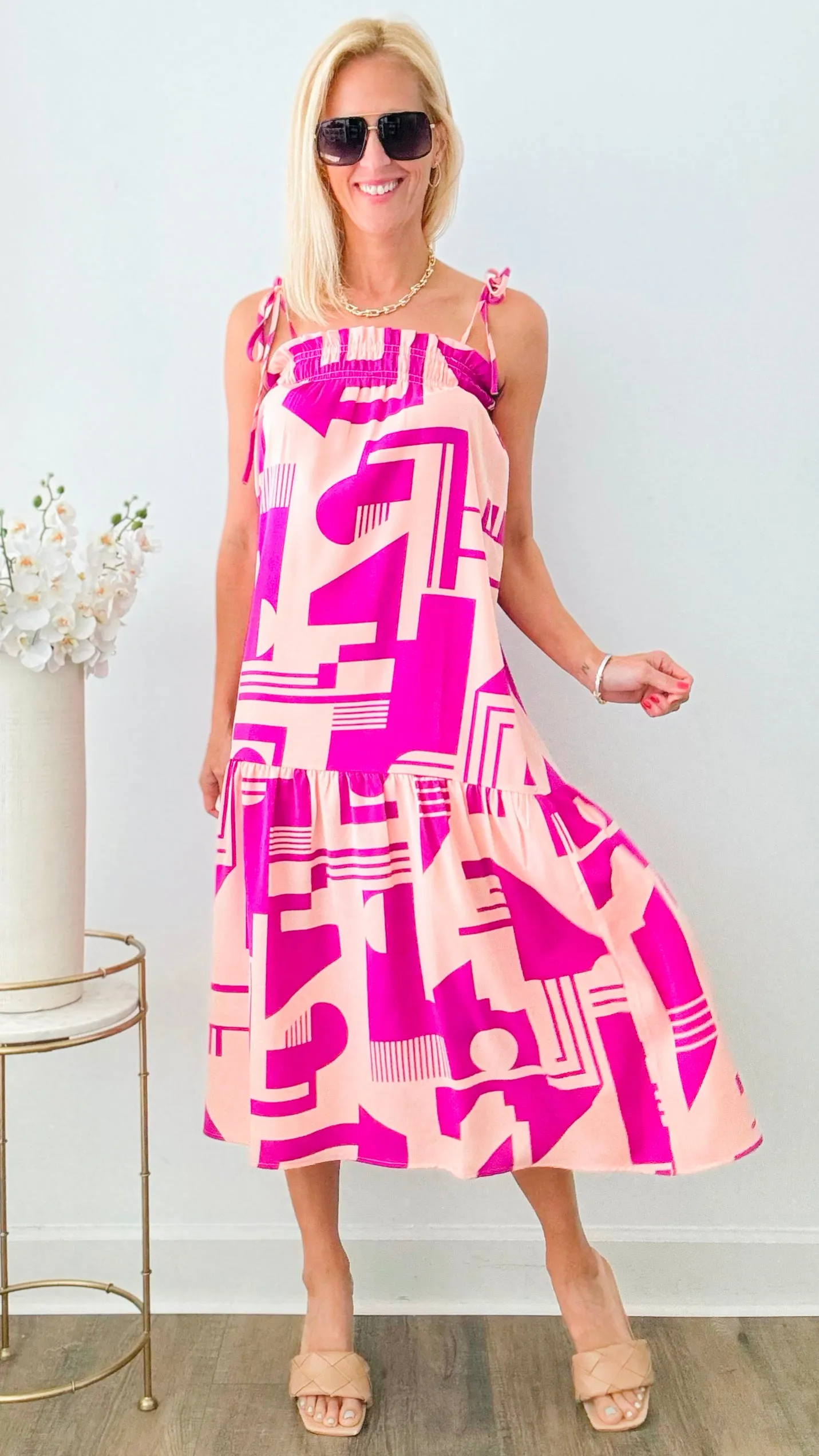 Abstract Pattern Tie Strap Midi Dress