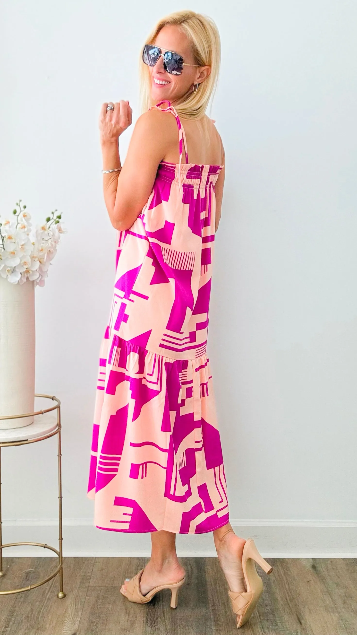 Abstract Pattern Tie Strap Midi Dress