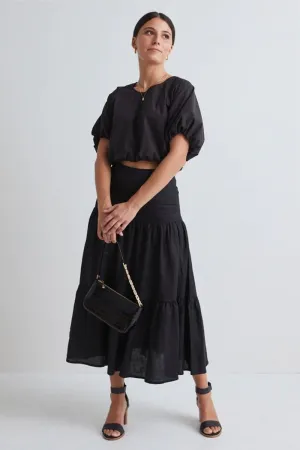 Among The Brave - Blazing Black Tiered Linen Midi Skirt