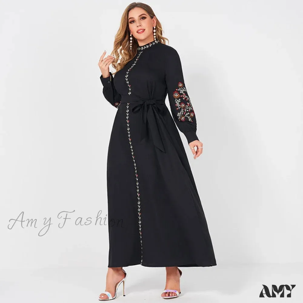 Amy Fashion - Long Sleeve Loose Belt Sweet Maxi Dress