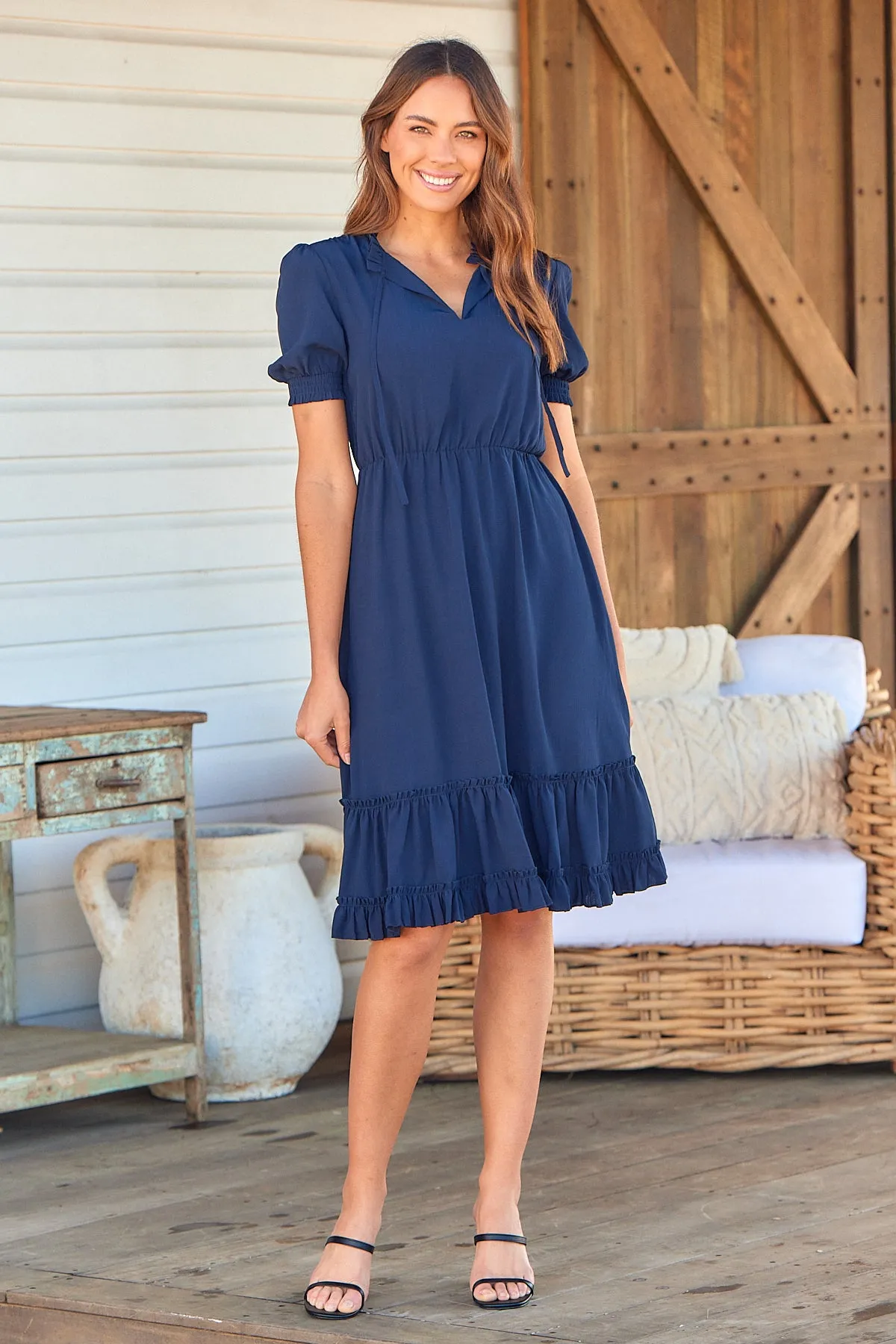 Arden Short Sleeve Navy Satin Midi Dress