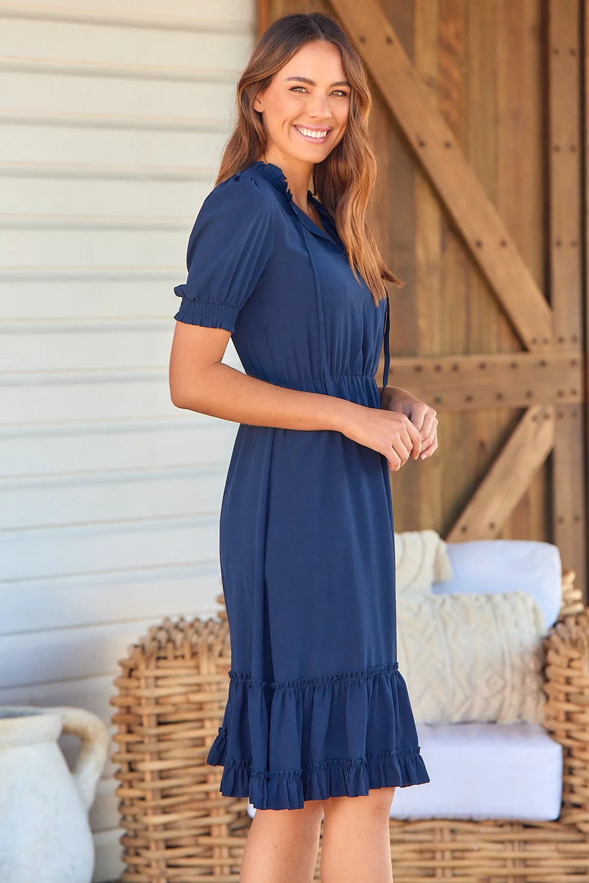 Arden Short Sleeve Navy Satin Midi Dress