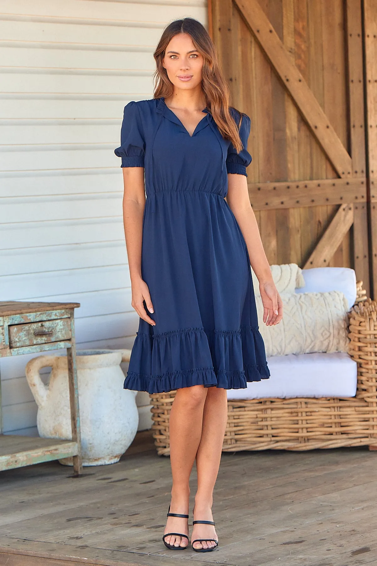 Arden Short Sleeve Navy Satin Midi Dress