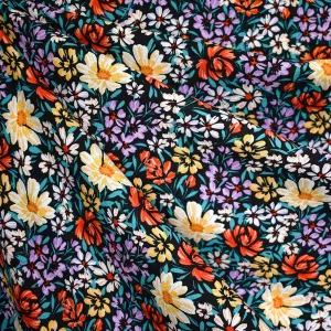 Artistic Flower Field Rayon Challis Black/Multi