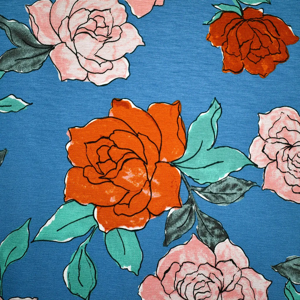 Artistic Rose Floral Rayon Jersey Knit Blue/Blush