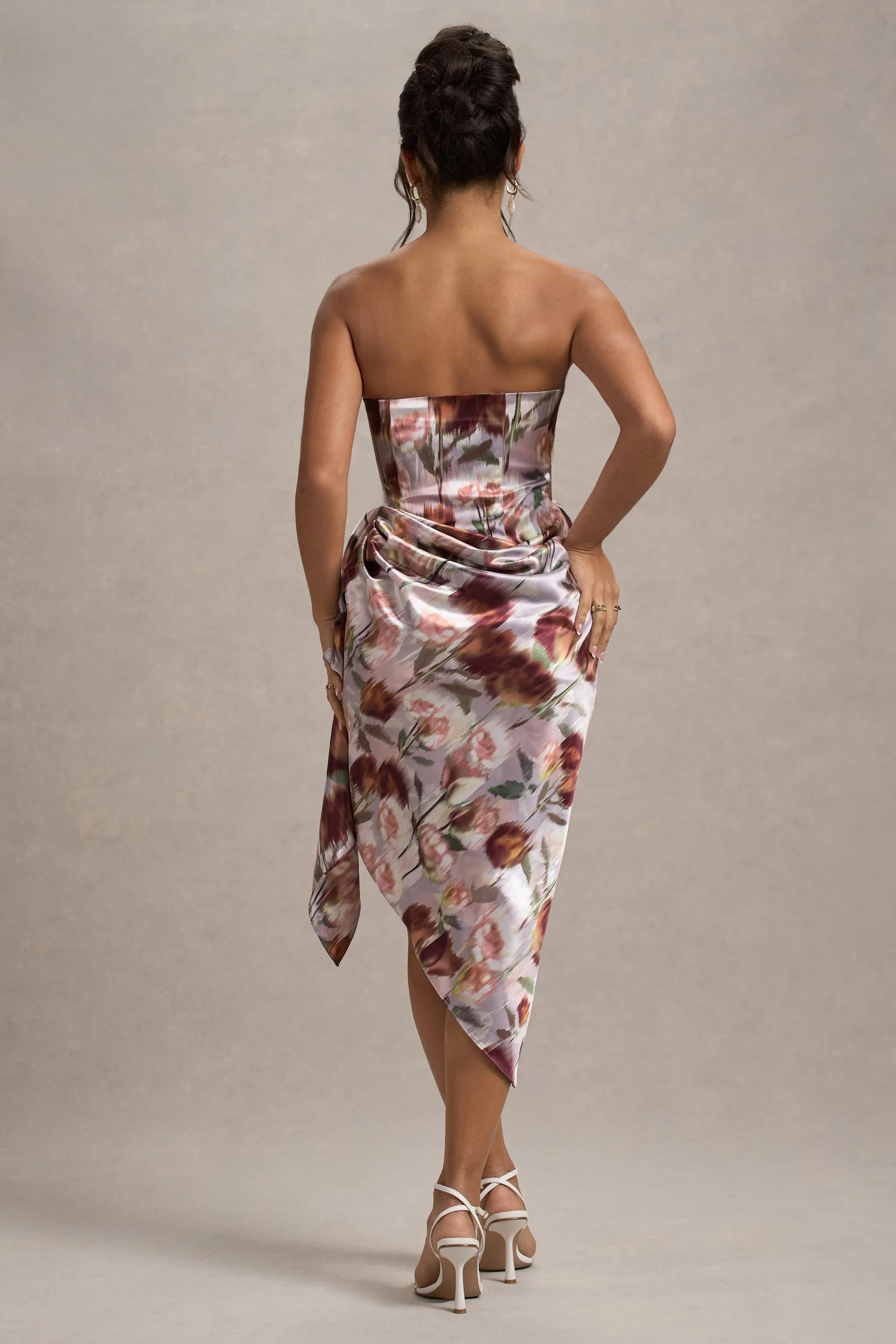 Axel | Cream Floral Print Satin Strapless Wrap Midi Dress