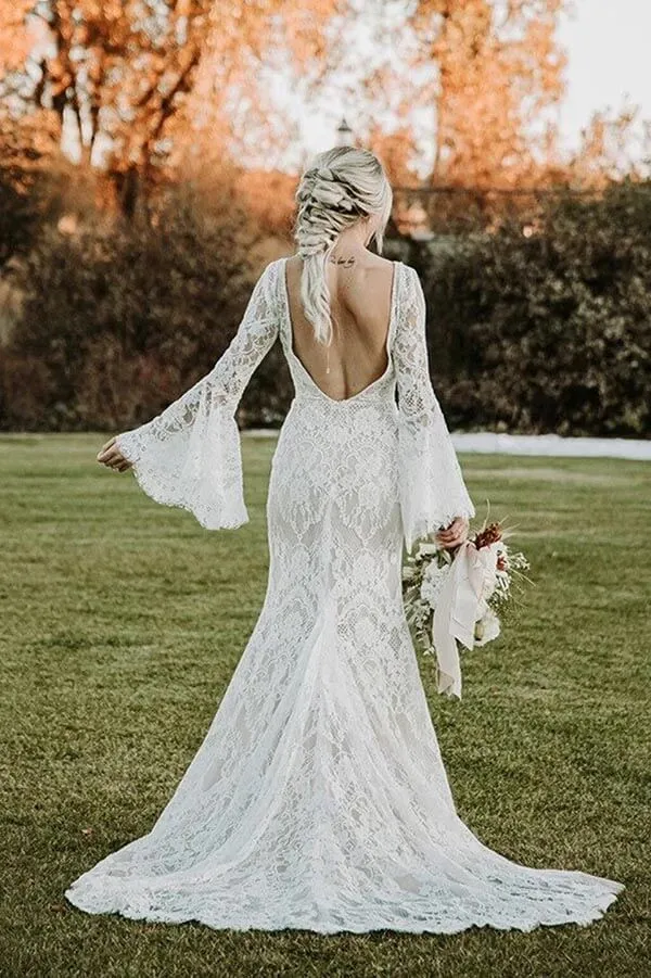 Beautiful Mermaid Lace Long Sleeves Backless Wedding Dress With Train, SW633