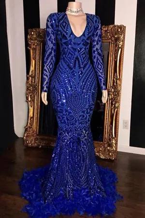 Beautiful Mermaid Royal Blue Deep V-neck Long Sleeves Sequined Prom Dresses, SP606