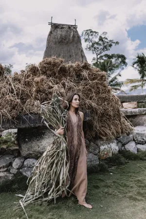 Beige Organic Cotton Bohemian Tribal Maxi Dress with Hand Loomed Tassels