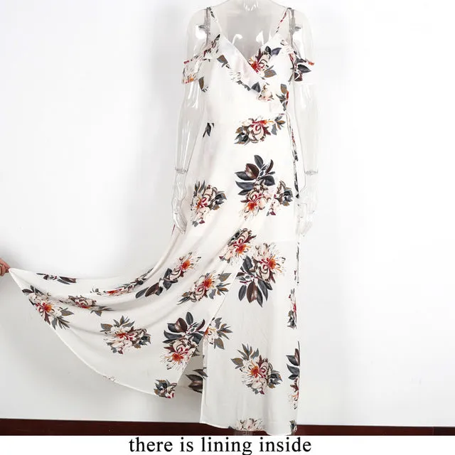 BerryGo Floral print ruffles chiffon maxi dresses Strap v neck split beach summer dress Sexy backless women dress long vestidos