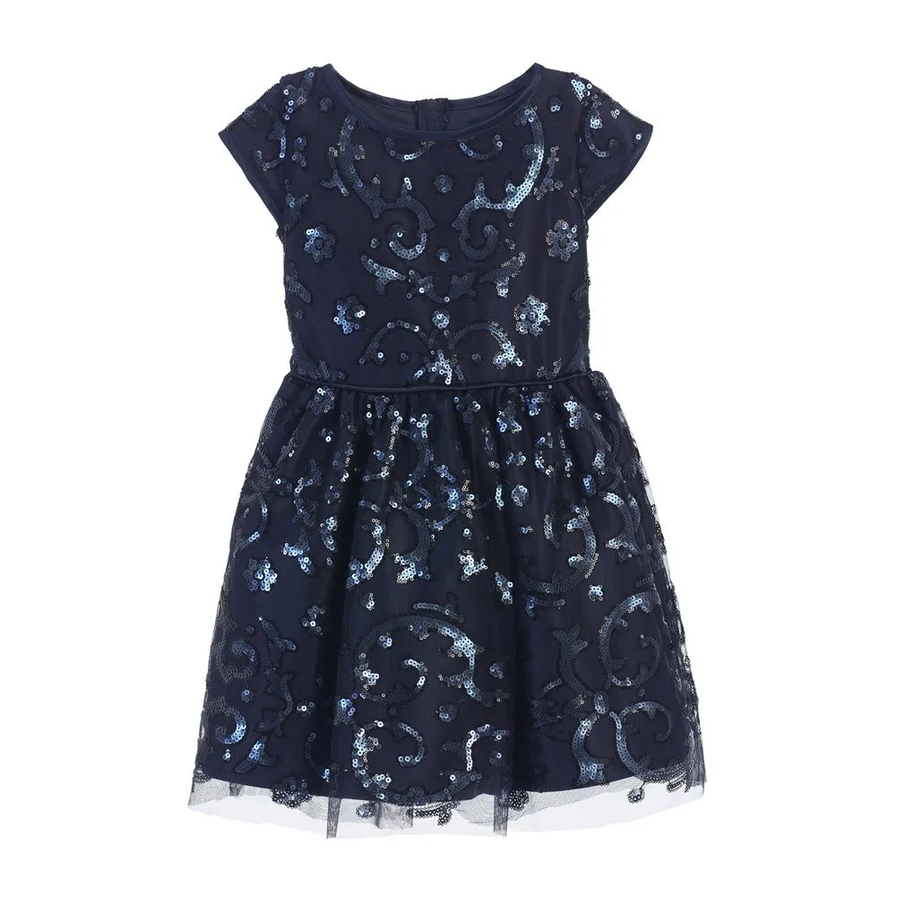 Big Girls Navy Sparkle Sequin Mesh Satin Occasion Dress 7-16