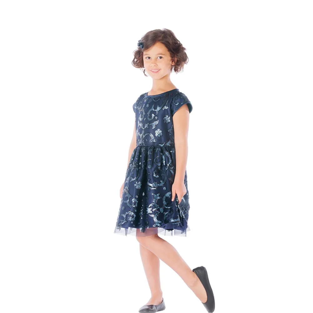 Big Girls Navy Sparkle Sequin Mesh Satin Occasion Dress 7-16