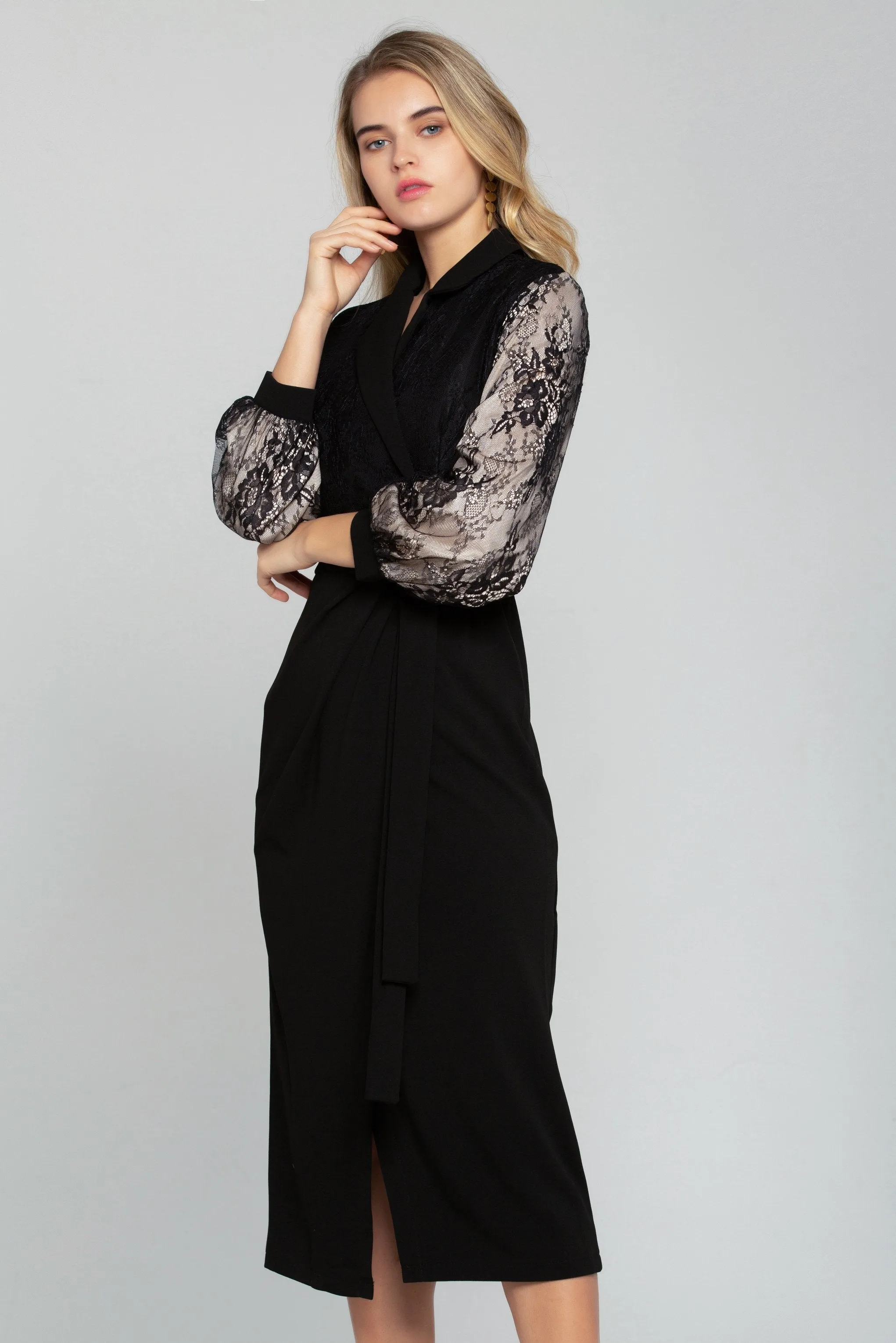 Black Sheer Sleeves Tie-up Blazer Dress