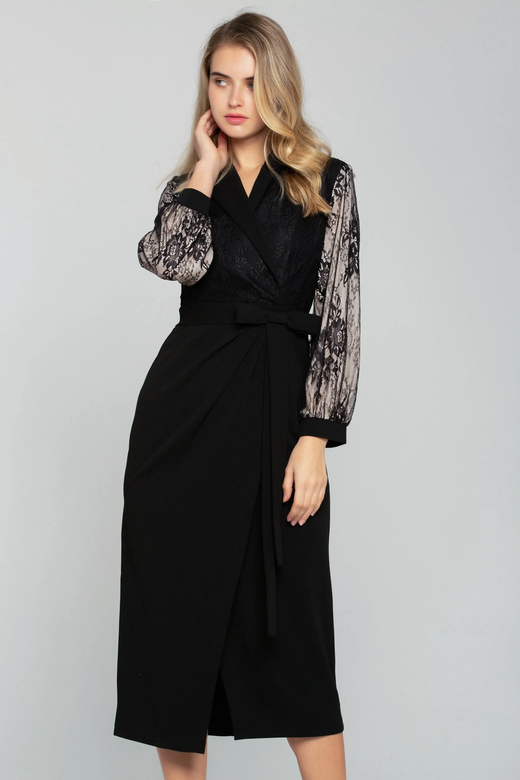 Black Sheer Sleeves Tie-up Blazer Dress