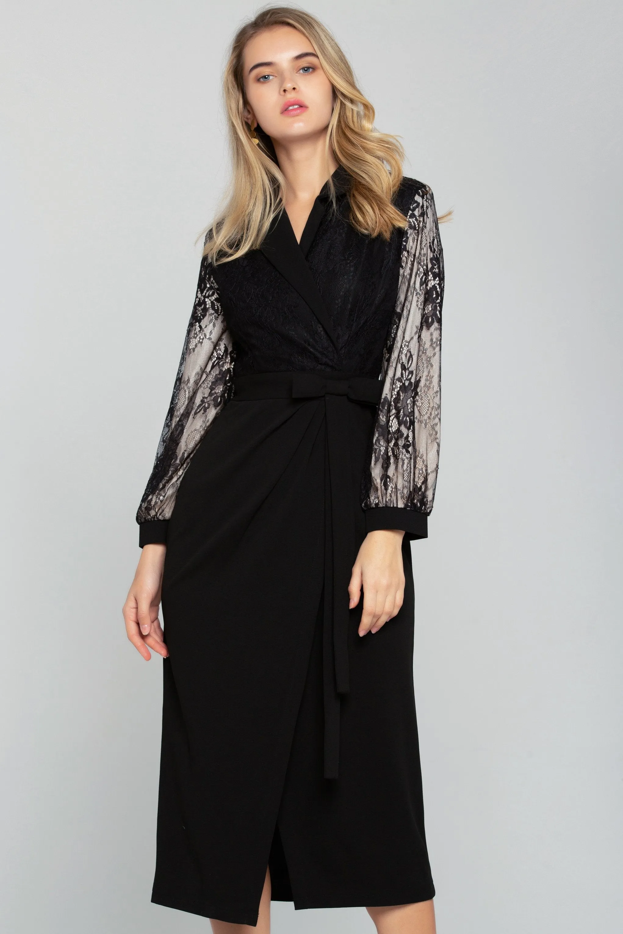 Black Sheer Sleeves Tie-up Blazer Dress