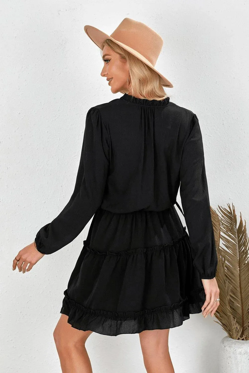 Black V Neck Long Sleeve Ruffle Tiered Mini Dress