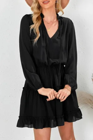 Black V Neck Long Sleeve Ruffle Tiered Mini Dress