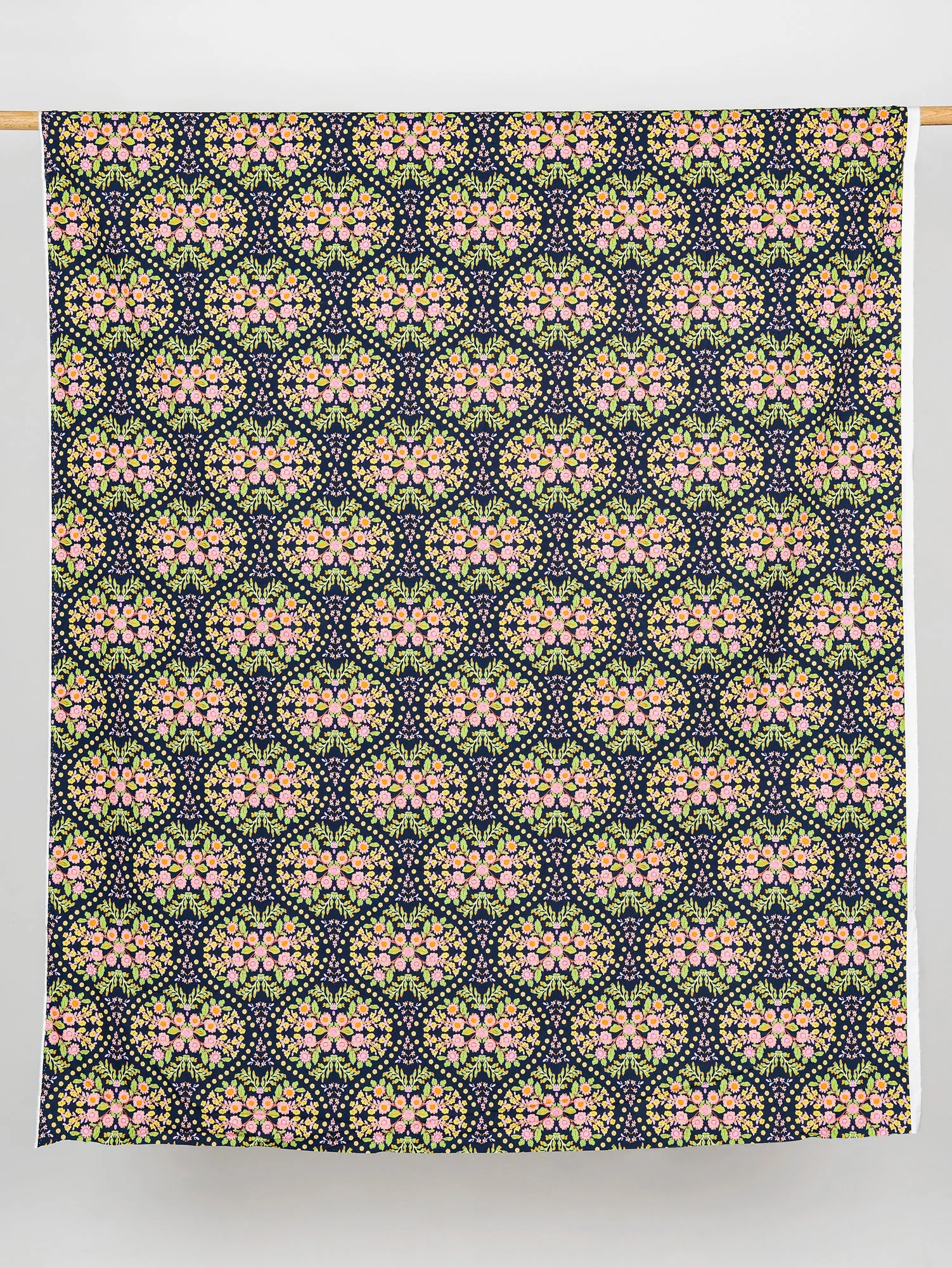 Block Print Floral Cotton Poplin - Navy   Pink   Green   Yellow