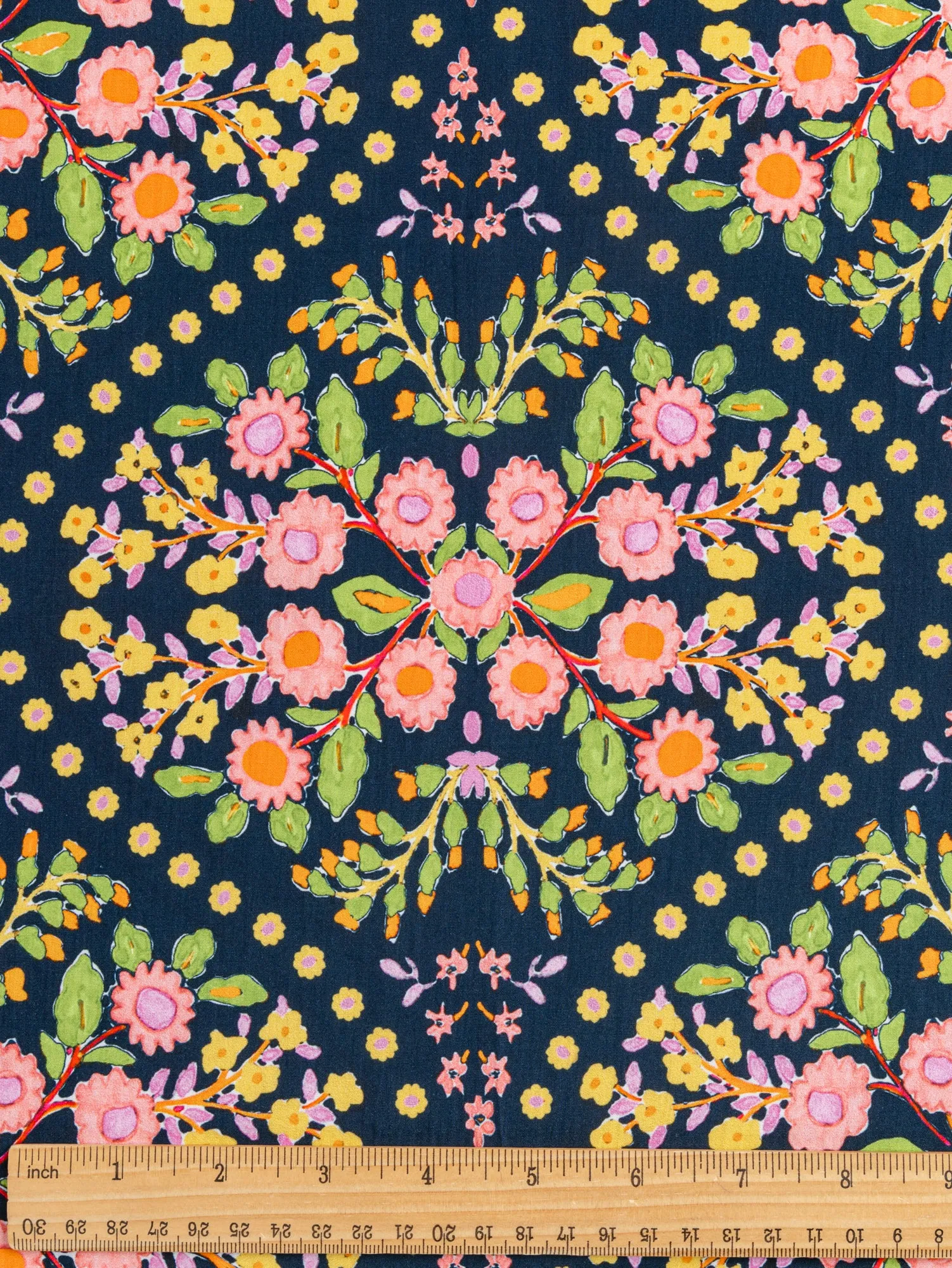 Block Print Floral Cotton Poplin - Navy   Pink   Green   Yellow