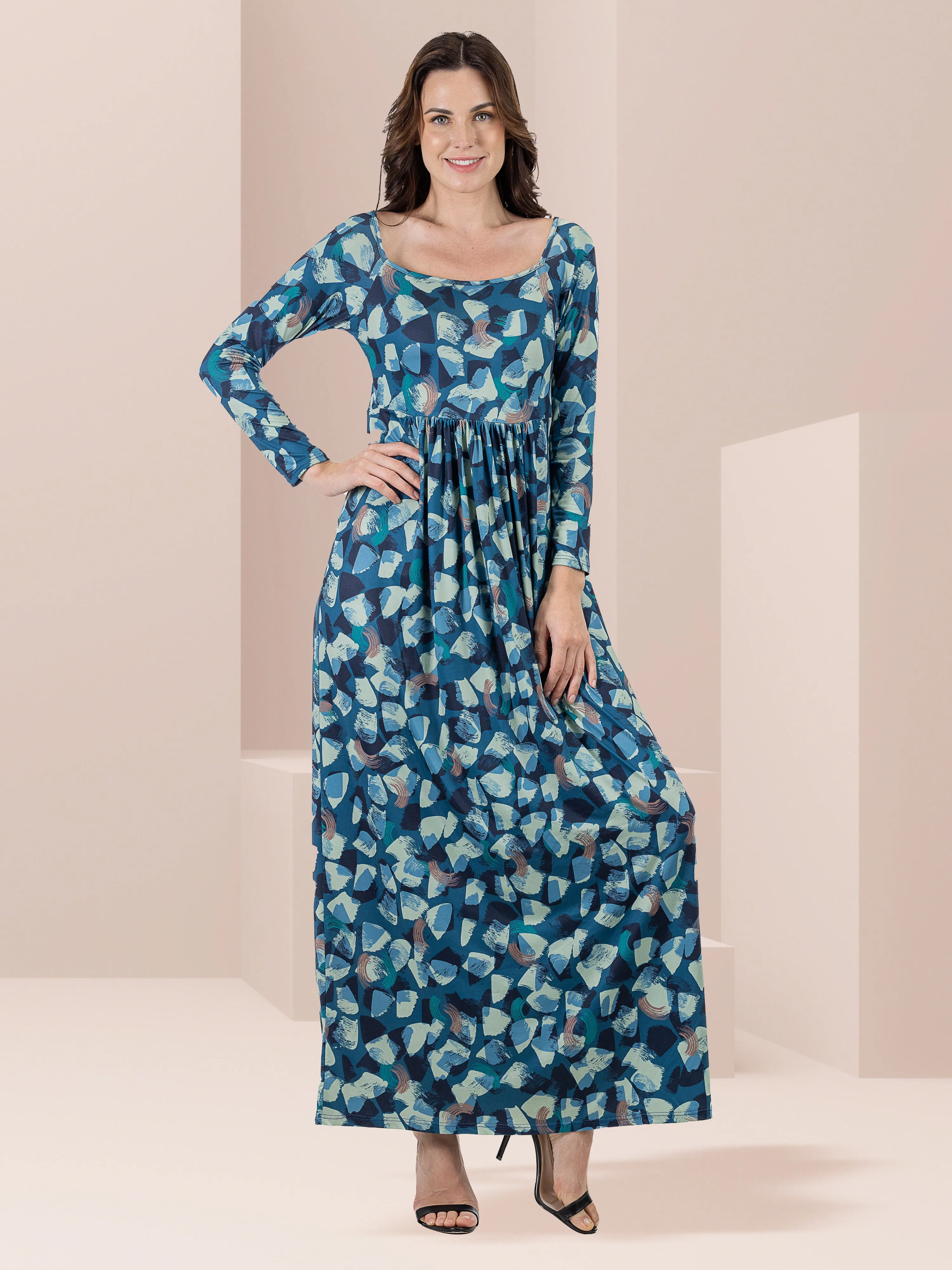 Blue Abstract Long Sleeve Pleated Maxi Dress