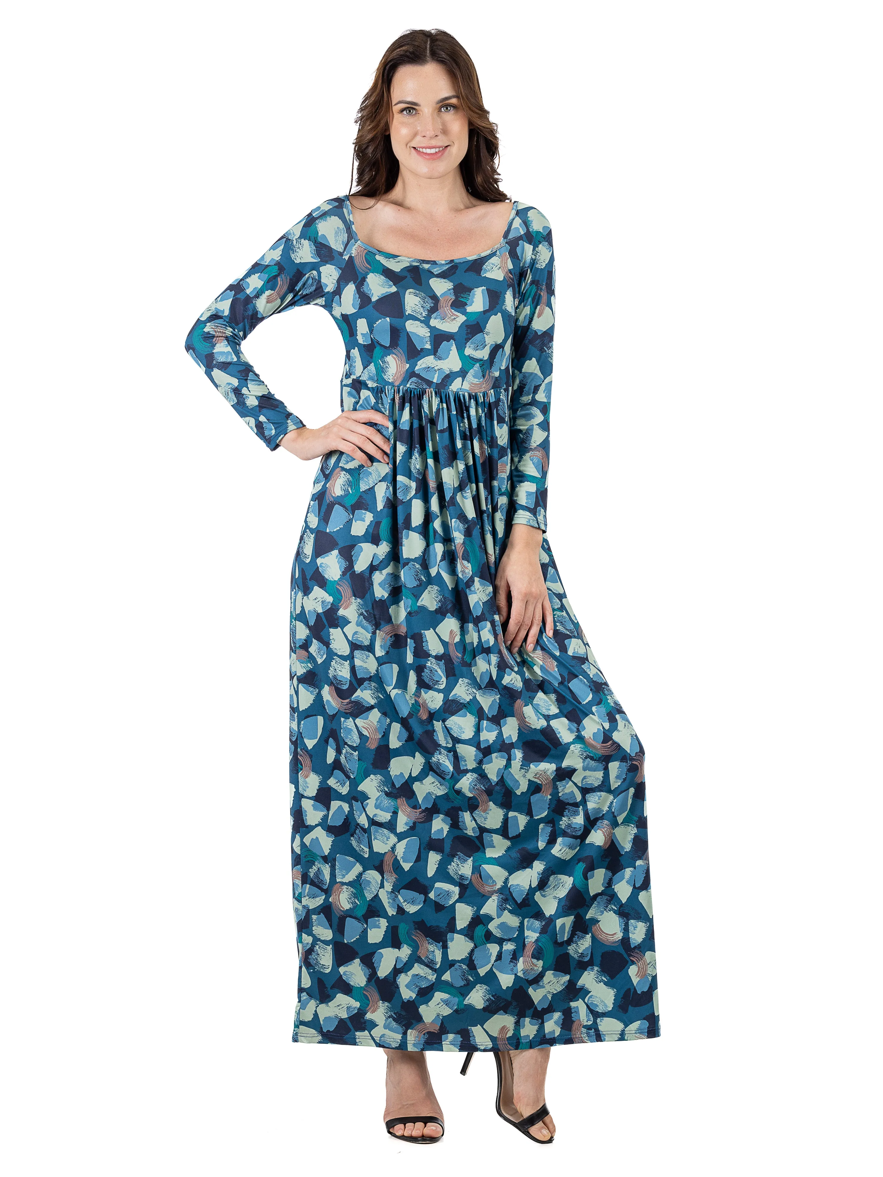 Blue Abstract Long Sleeve Pleated Maxi Dress