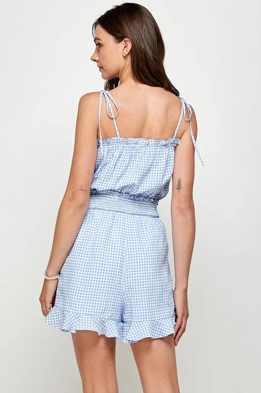 Blue Gingham Tie Shoulder Romper