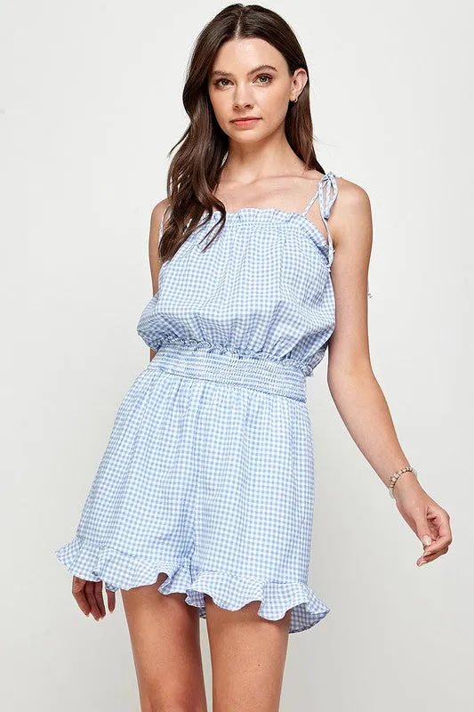 Blue Gingham Tie Shoulder Romper