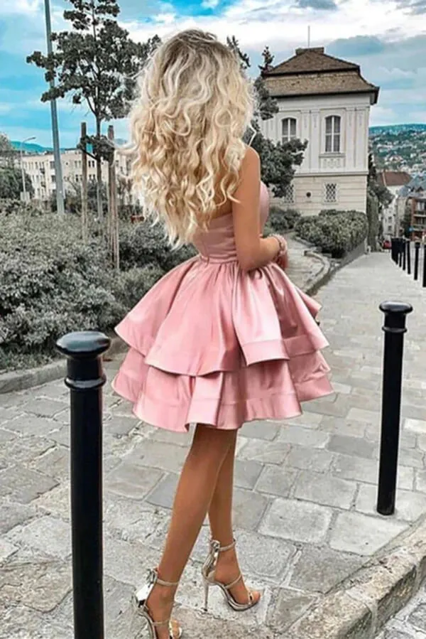 Blush Pink A-line One Shoulder Homecoming Dresses, Short Prom Dresses, SH608