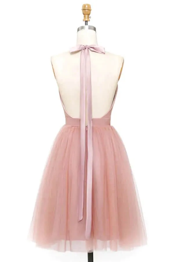 Blush Tulle A-line Halter Backless Homecoming Dresses, Graduation Dress, SH609