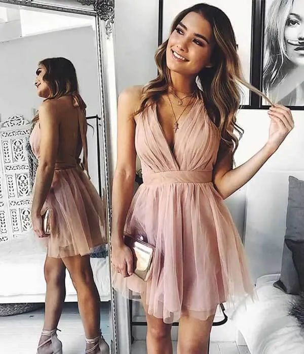 Blush Tulle A-line Halter Backless Homecoming Dresses, Graduation Dress, SH609