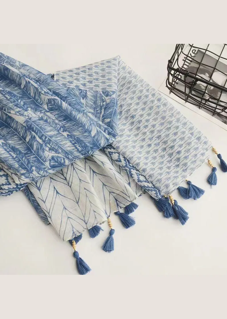 Bohemian Blue Tasseled Print Cotton Scarf ML2185