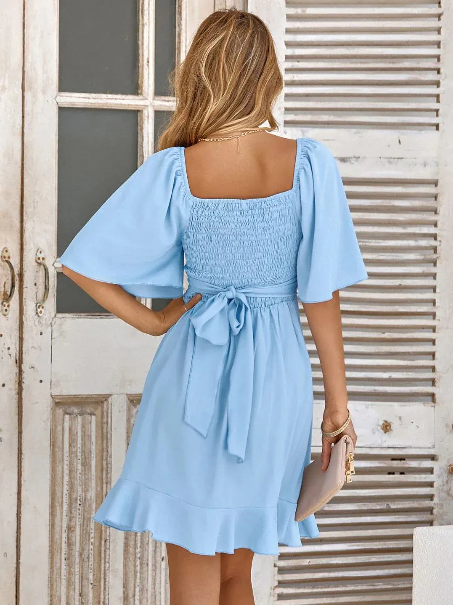 Bohemian Flutter Sleeve Mini Dresses With Ruffles Skirt