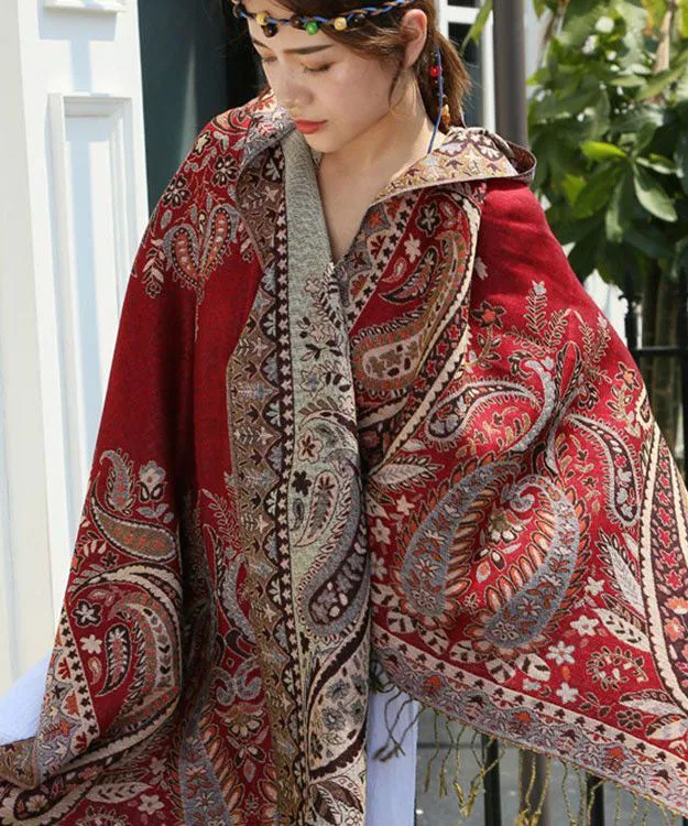 Bohemian Red Tasseled Jacquard Cotton Shawl