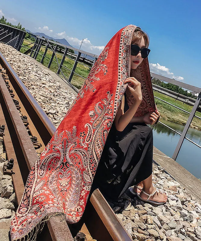 Bohemian Red Tasseled Print Cotton Shawl