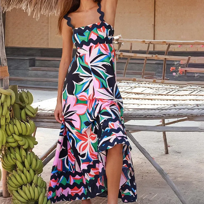 Bohemian Summer Printed Sleeveless Spaghetti Strap Party Backless Beach Dress